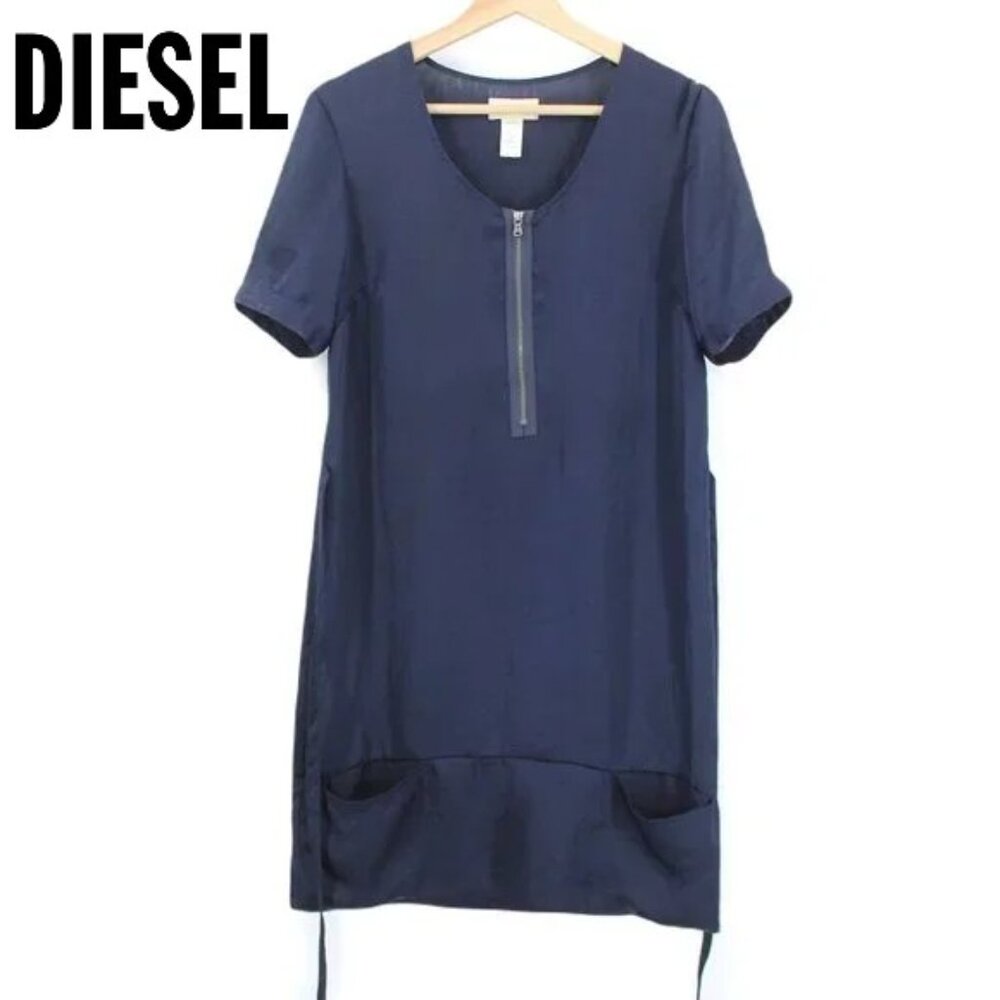 Diesel Y2K Blue Mini Dress SZ S Sheath Pockets Tie Waist Zipper Round Neckline
